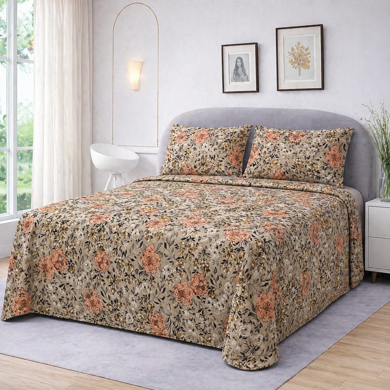 BEIGE PEONY GARDEN BEDSHEET SET - 3 PCS