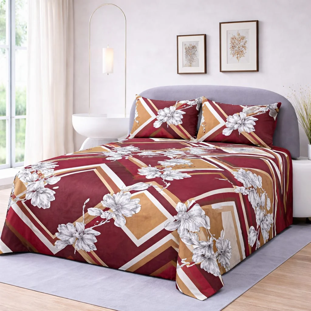 BURGUNDY CHEVRON BLOSSOM BEDSHEET SET - 3 PCS