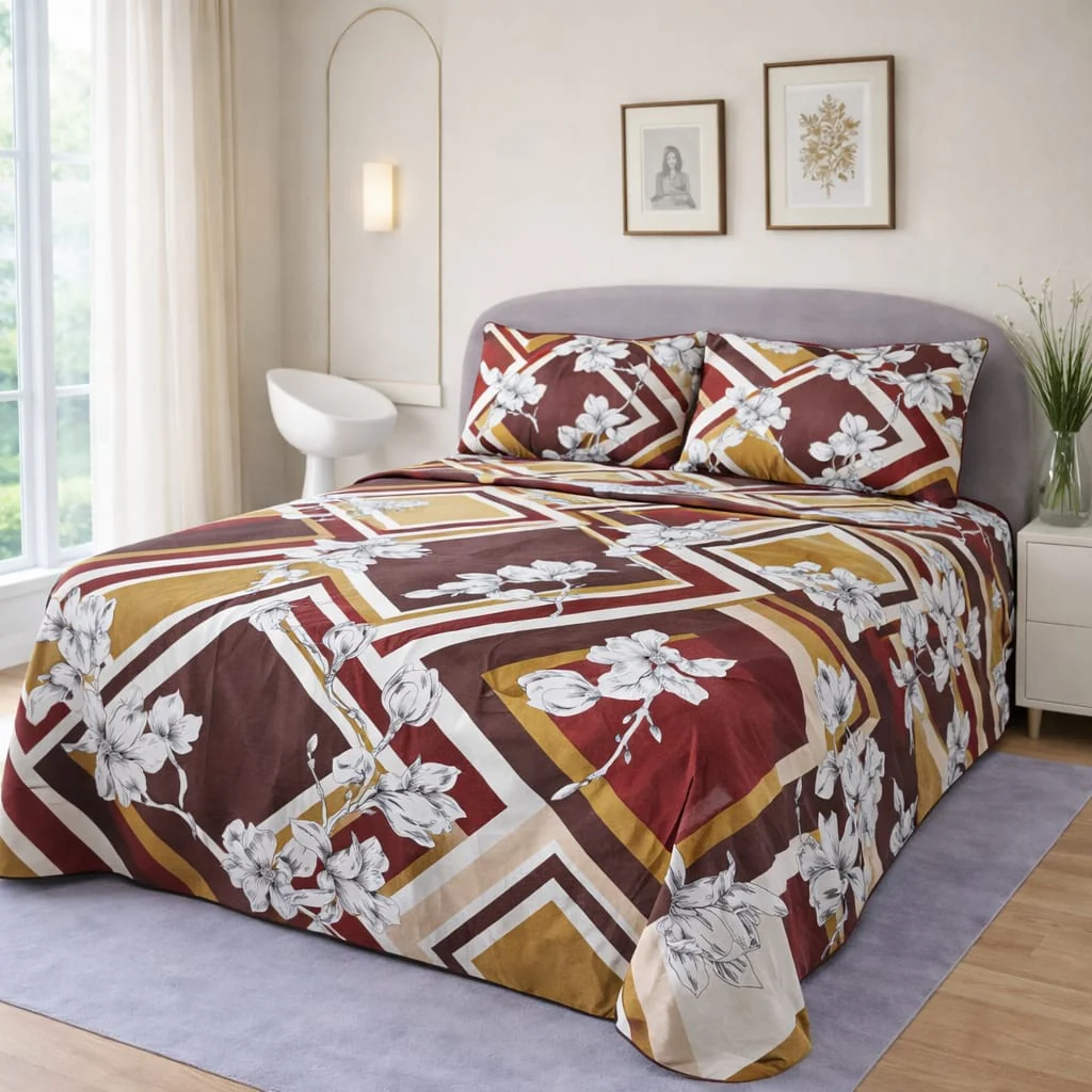 BURGUNDY CHEVRON BLOSSOM BEDSHEET SET - 3 PCS