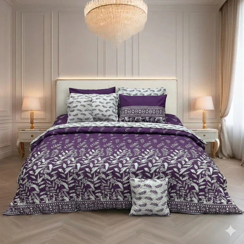 ELEGANT PURPLE & WHITE BOTANICAL LEAF COMFORTER SET- 7 PCS