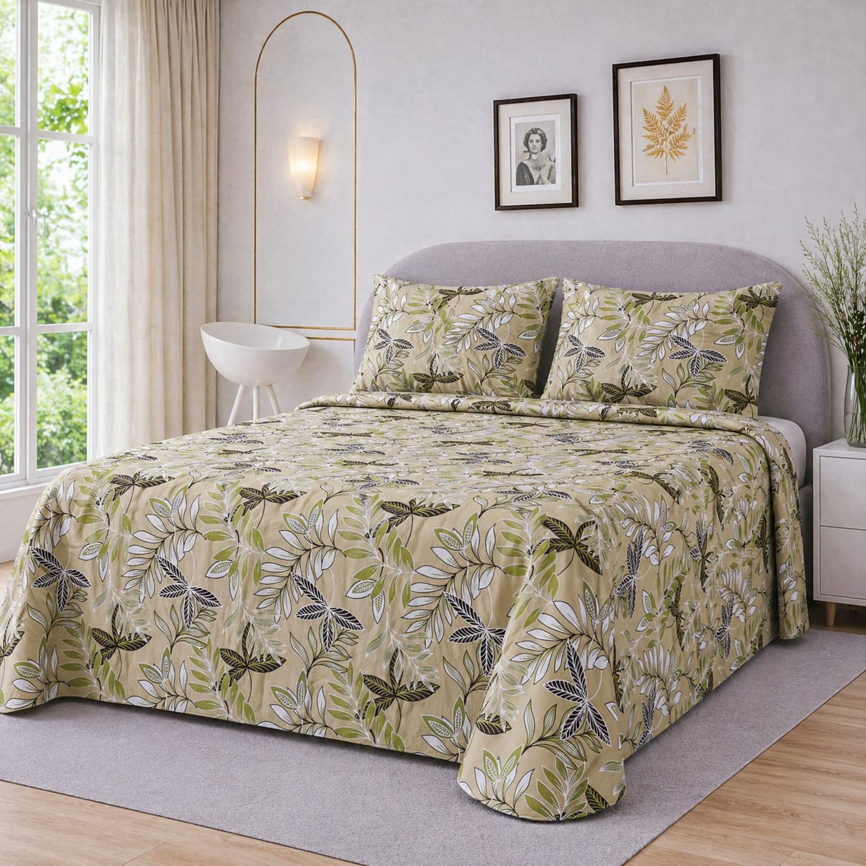LUXURY IVORY MODERN BEIGE FOREST LEAF BEDSHEET SET - 3 PCS