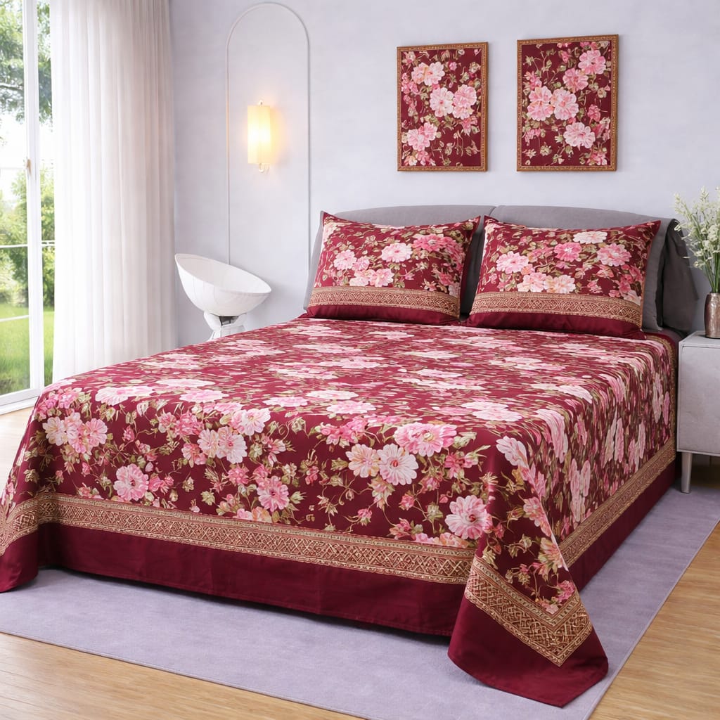 LUXURY MAROON BOTANICAL BEDSHEET SET - 3 PCS