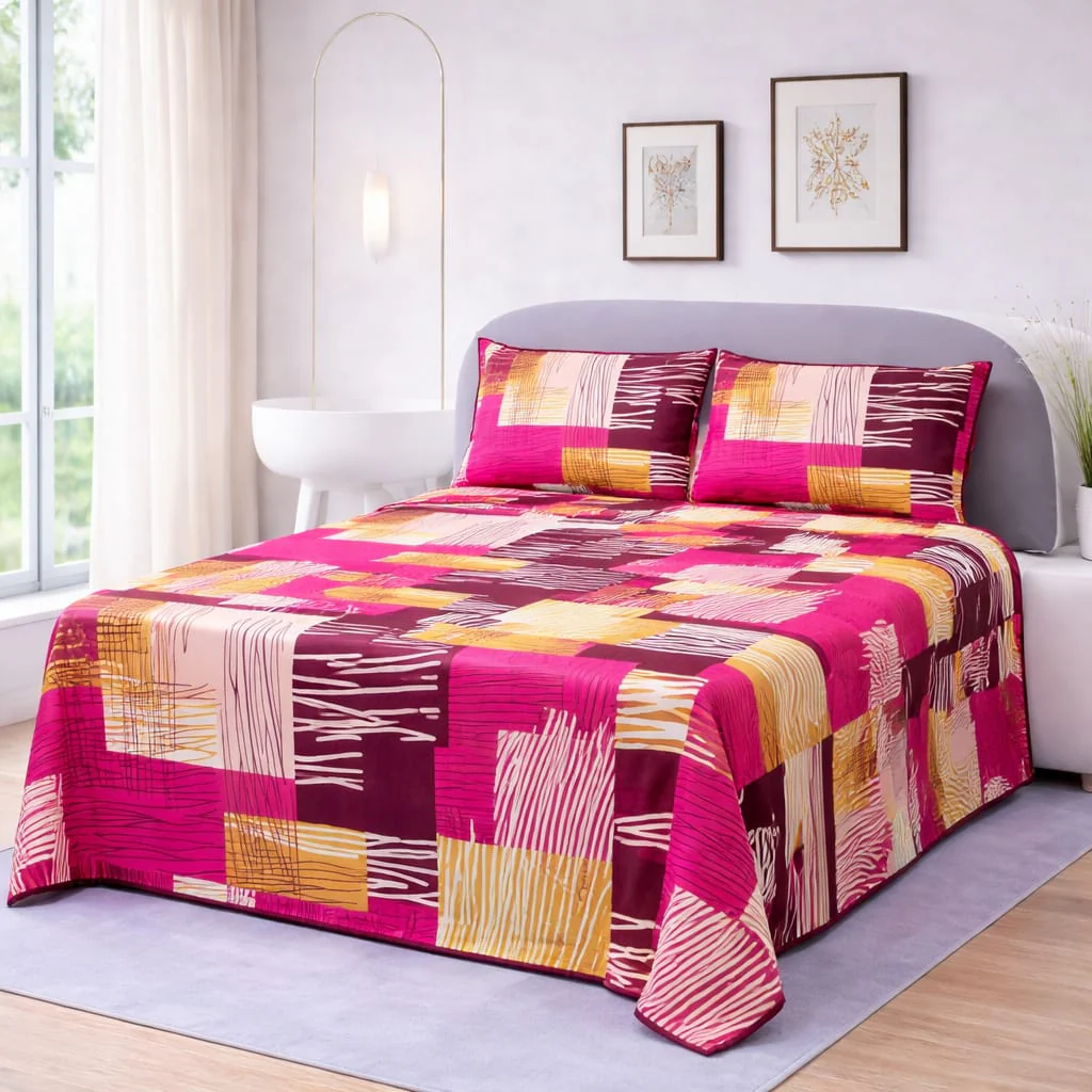 MAGENTA & MAROON SKETCHED ABSTRACT BLOCKS BEDSHEET SET - 3 PCS