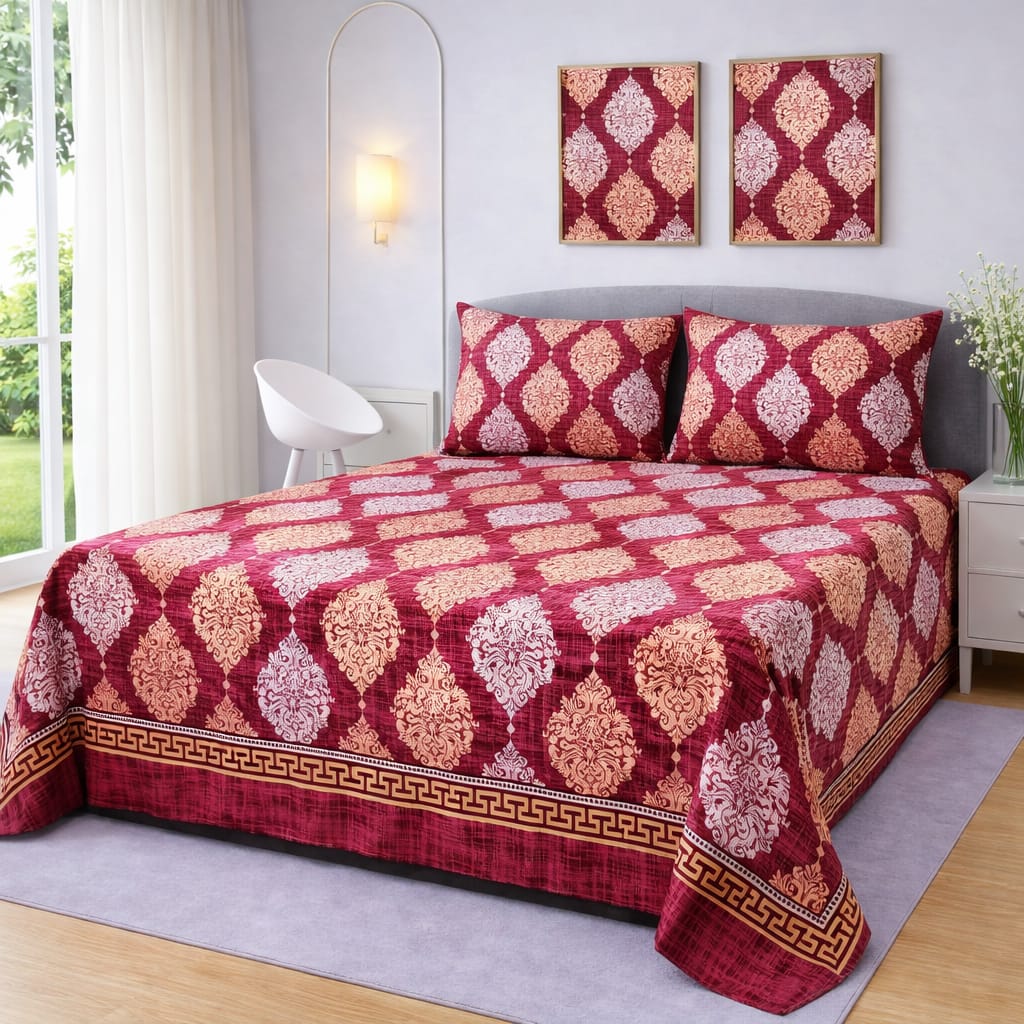 MAROON DAMASK HARLEQUIN BEDSHEET SET - 3 PCS