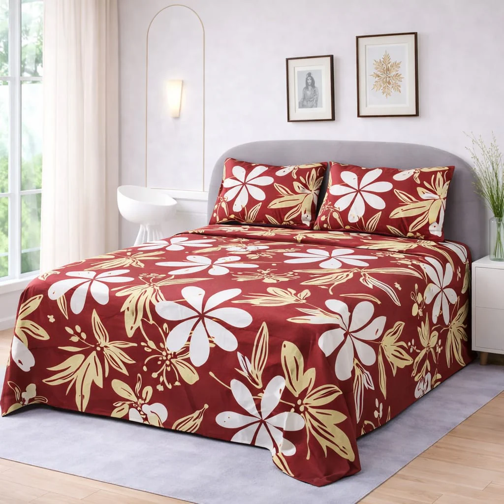 MAROON LILY GARDEN BEDSHEET SET - 3 PCS