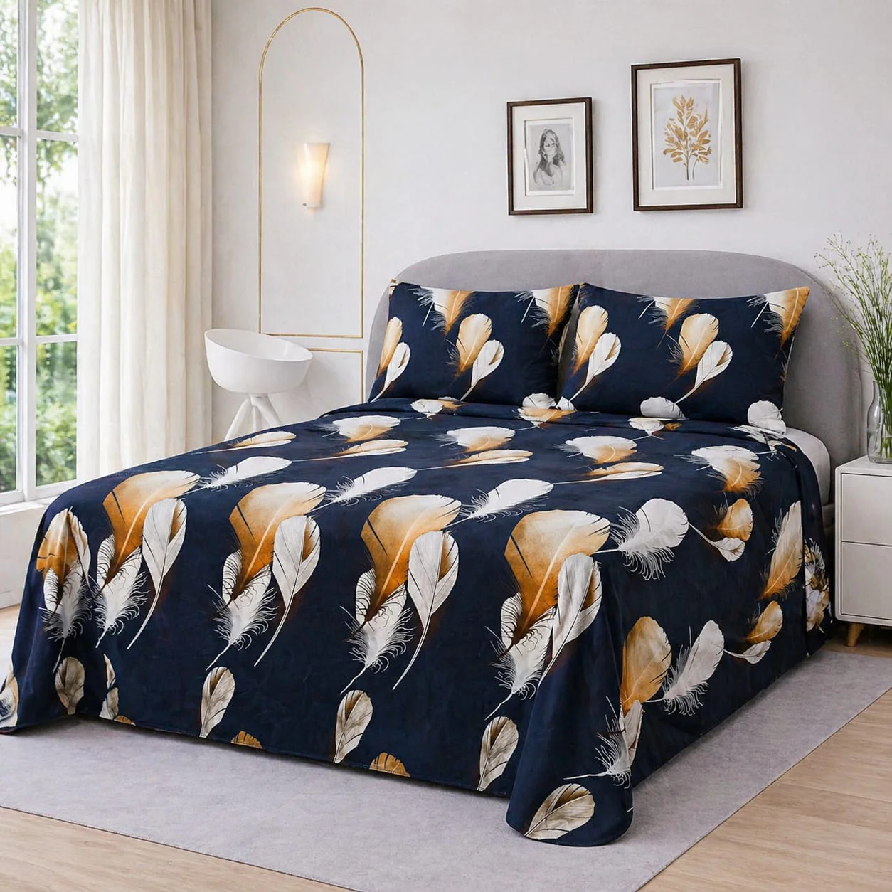 MIDNIGHT GOLDEN PLUME BEDSHEET SET - 3 PCS