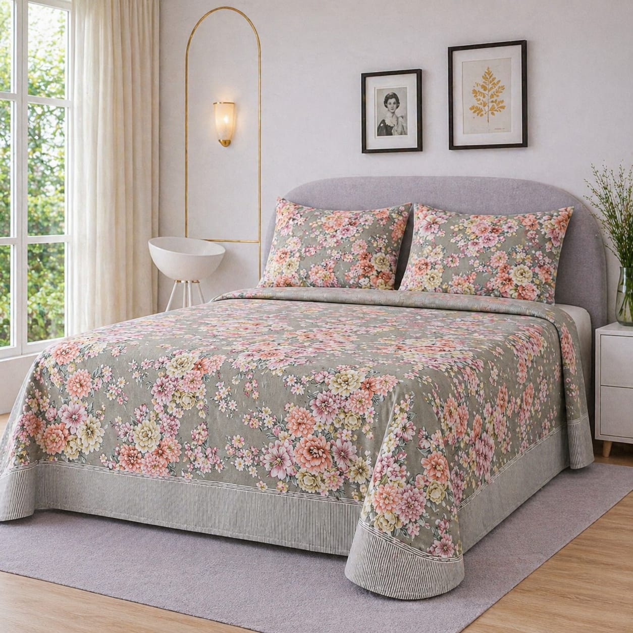 MODERN BLOSSOM GREY FLORAL BEDSHEET SET - 3 PCS