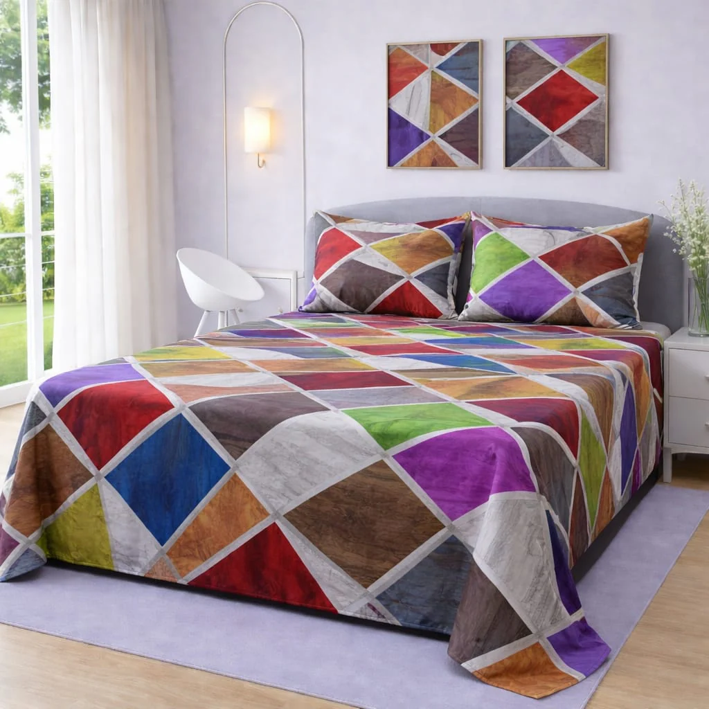 MODERN MULTI-COLOR HARLEQUIN DIAMOND BEDSHEET SET - 3 PCS