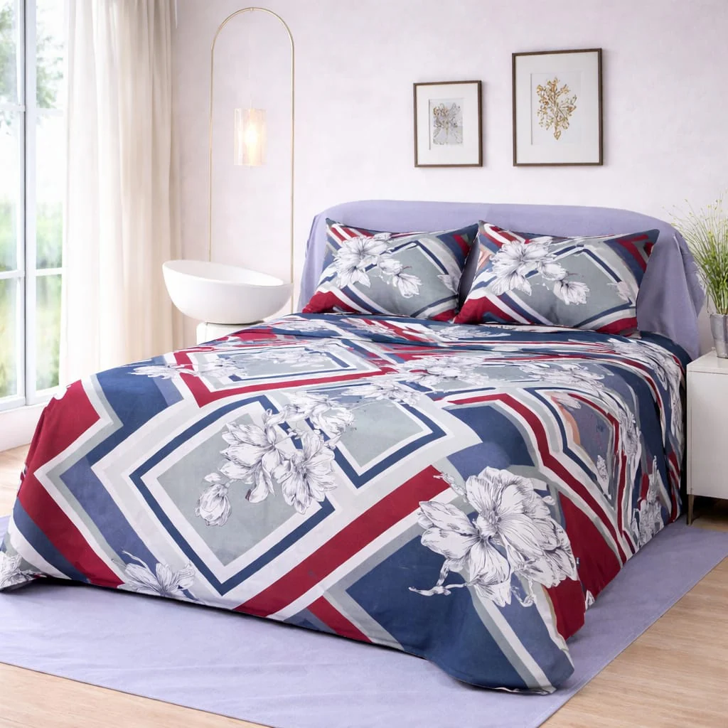 MODERN NAVY & MAROON GEOMETRIC FLORAL BEDSHEET SET - 3 PCS