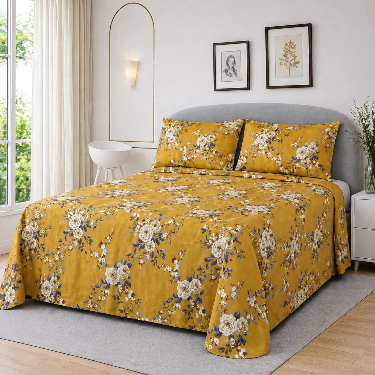 MODERN OCHRE FLORAL BEDSHEET SET - 3 PCS