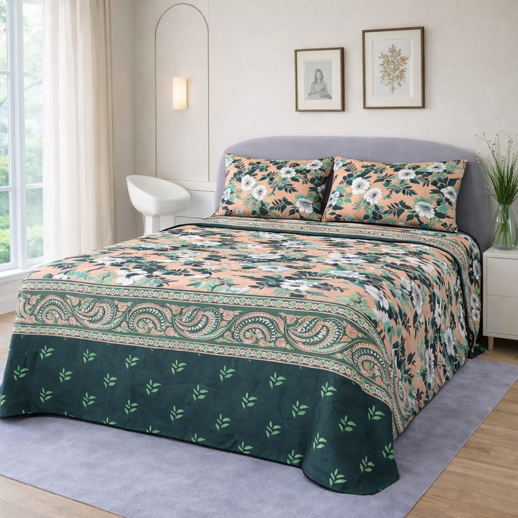 MODERN TROPICAL TEAL & PEACH BEDSHEET SET - 3 PCS