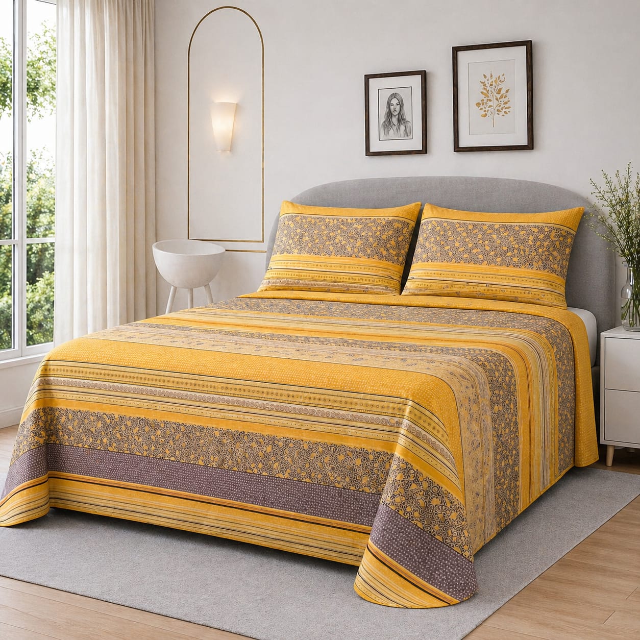MUSTARD MEDALLION STRIPE BEDSHEET SET - 3 PCS