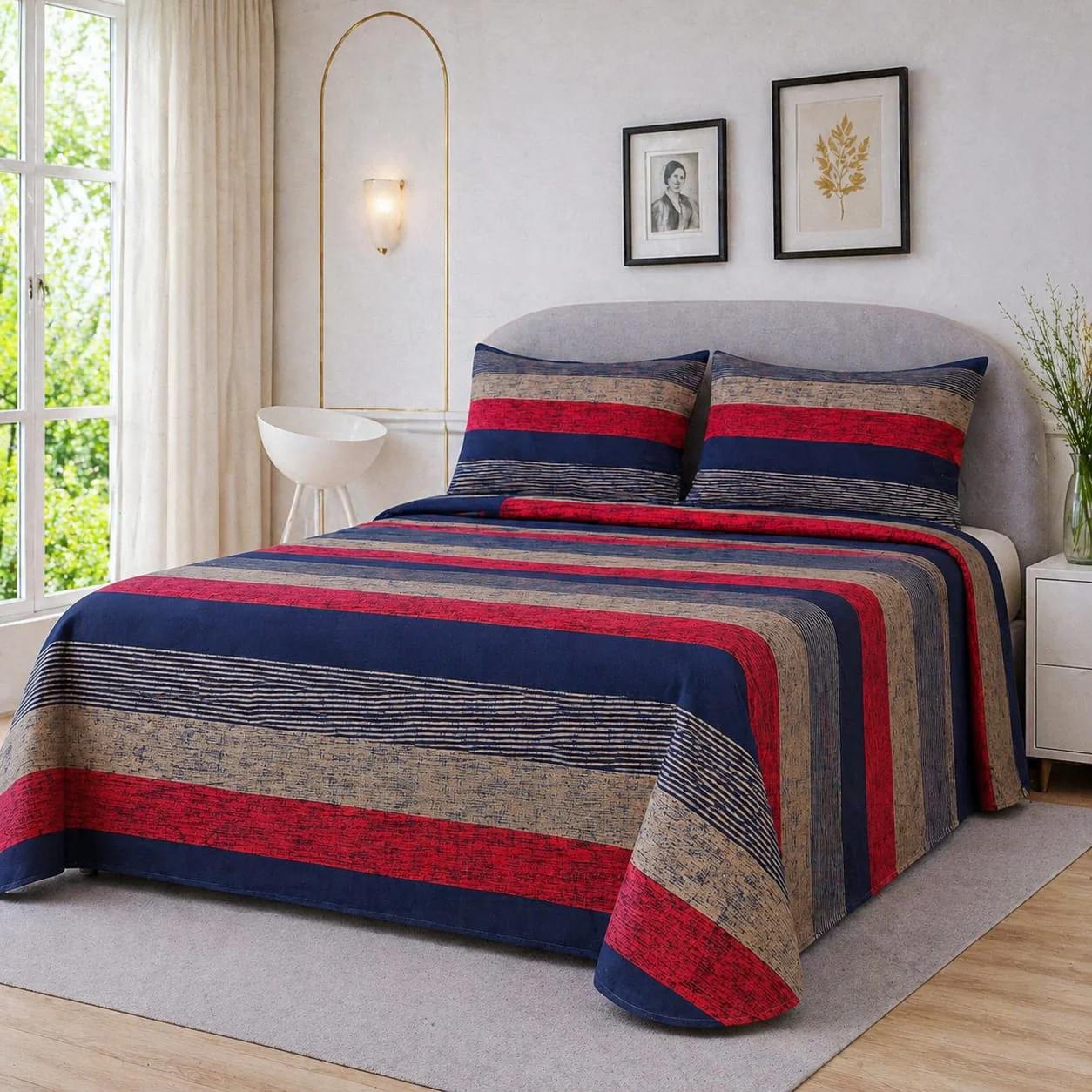 NAVY & CRIMSON TEXTURED STRIPE BEDSHEET SET - 3 PCS
