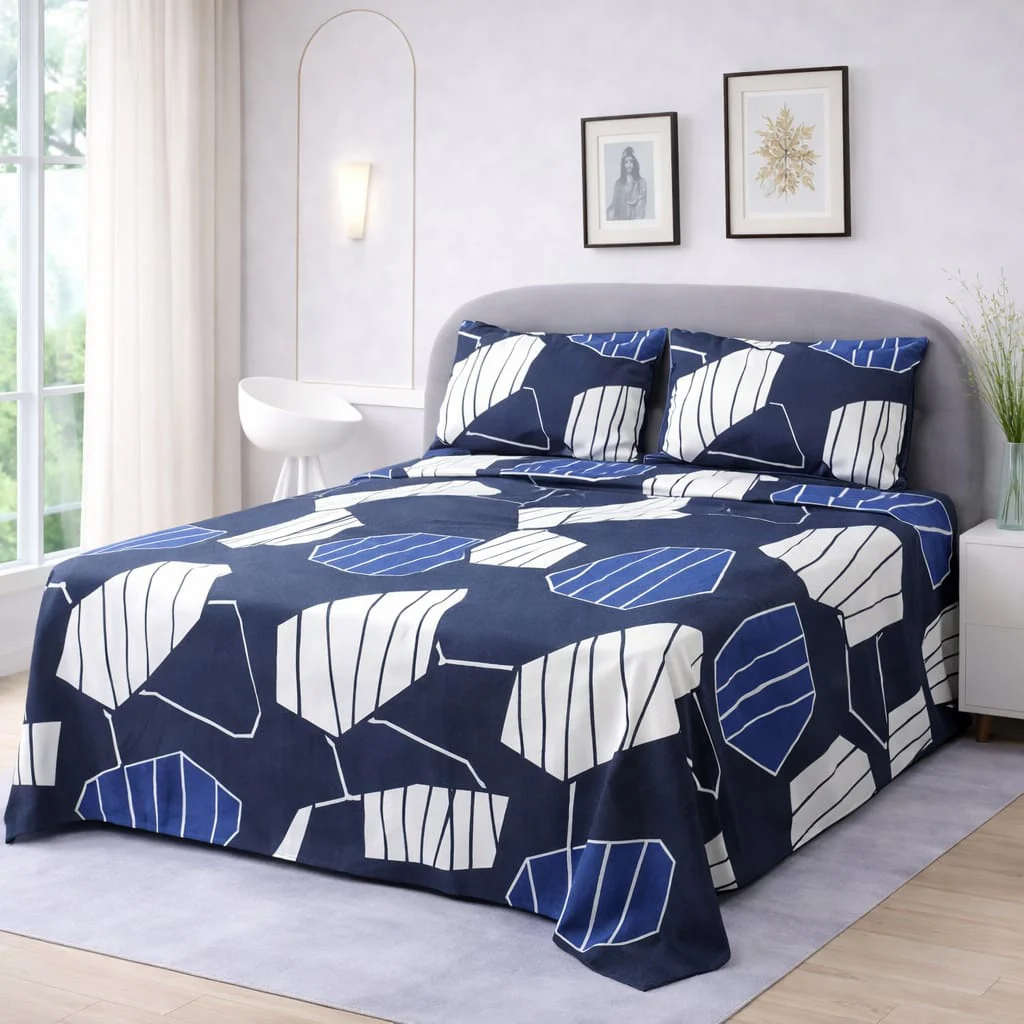 NAVY & WHITE ABSTRACT GEOMETRIC BEDSHEET SET - 3 PCS