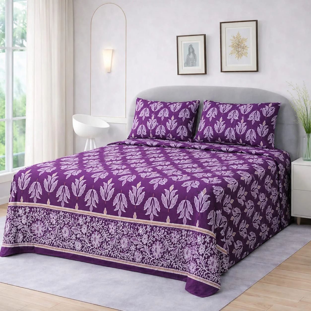 PLUM BOTANICAL BLOCK BEDSHEET SET - 3 PCS