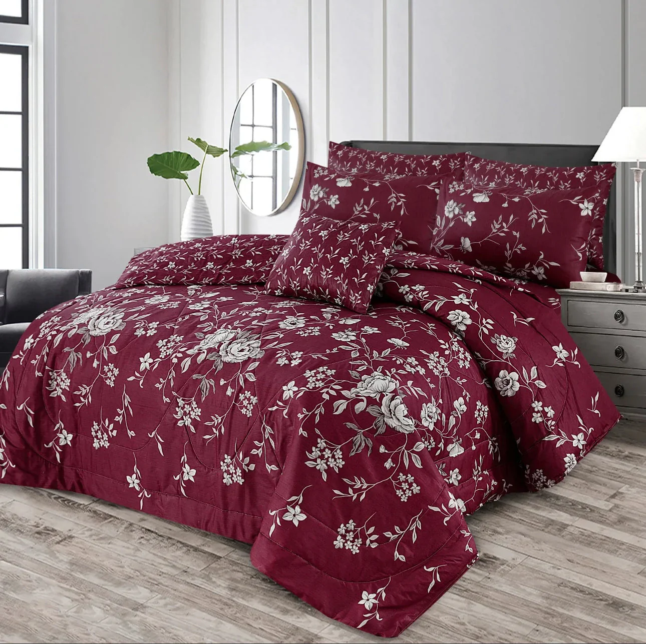 RED WINE FLORAL COMFORTER SET- 7 PCS