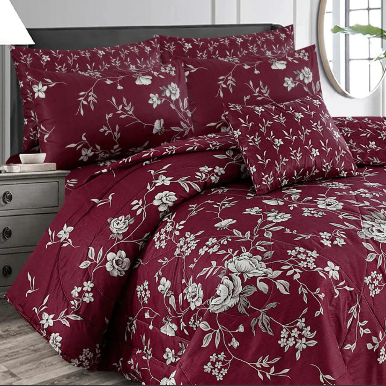 RED WINE FLORAL COMFORTER SET- 7 PCS - Image 2