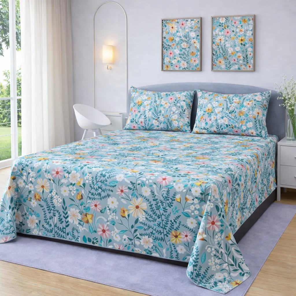 SKY BLUE WILDFLOWER GARDEN BEDSHEET SET - 3 PCS
