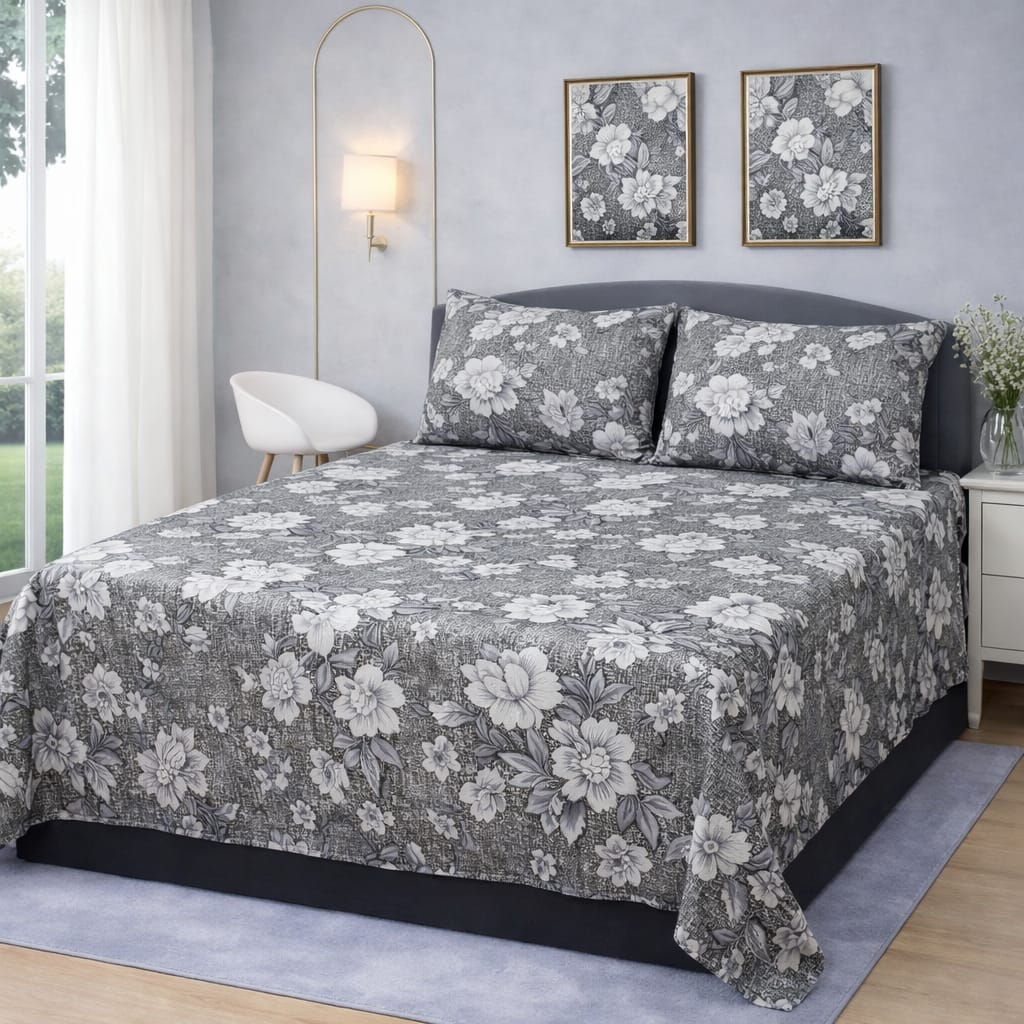 SLATE MONOCHROME GARDEN BEDSHEET SET - 3 PCS