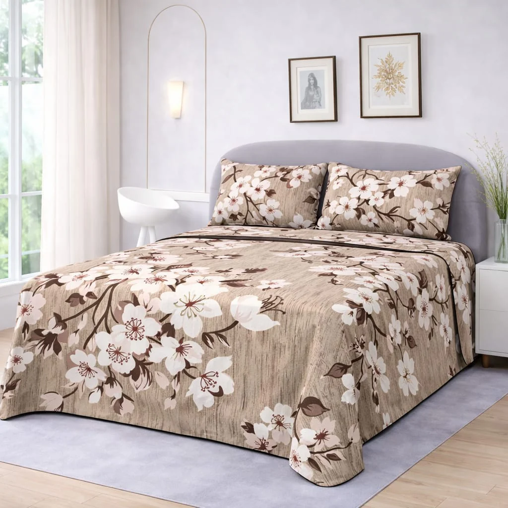TAUPE CHERRY BLOSSOM BEDSHEET SET - 3 PCS