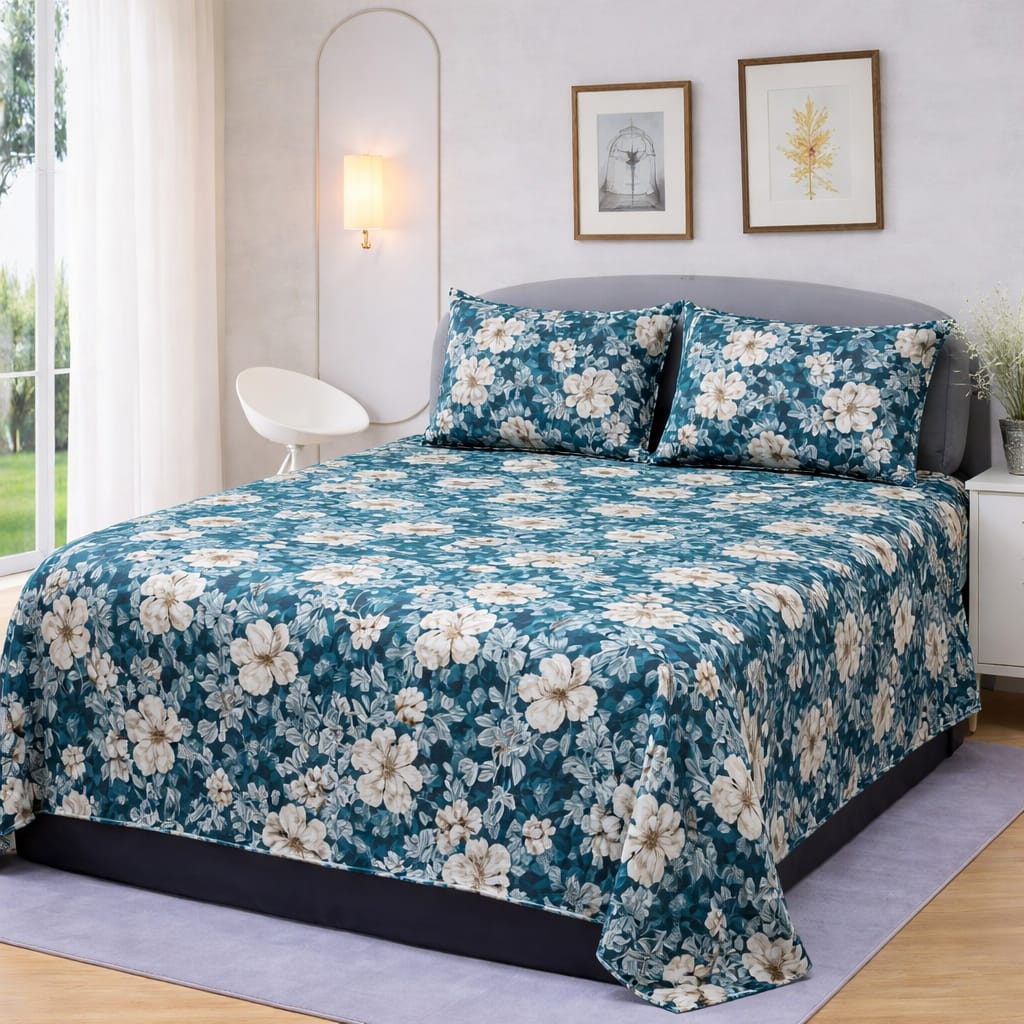 TEAL MIDNIGHT BLOSSOM BEDSHEET SET - 3 PCS